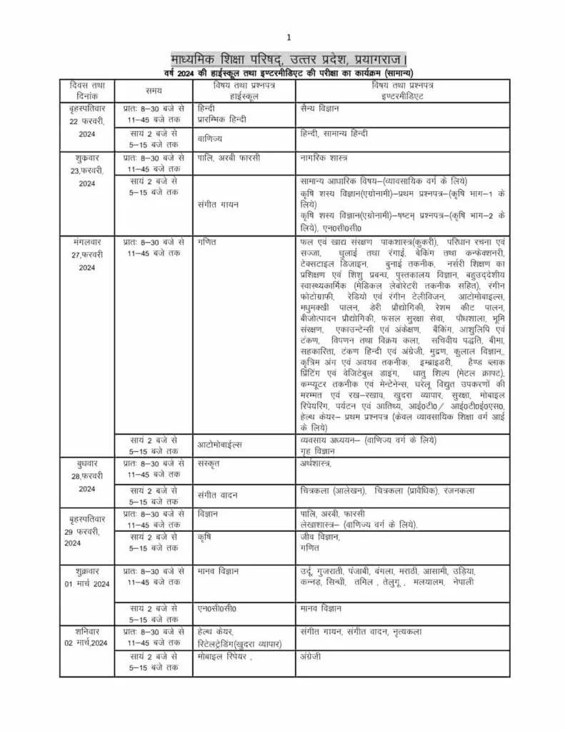 UP Board Exam Date Sheet