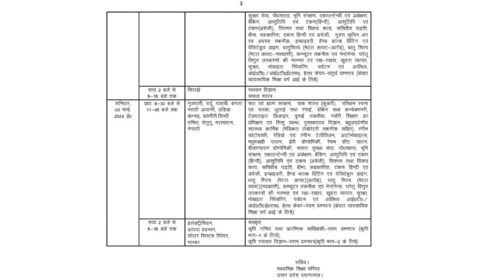 UP Board Exam Date Sheet 2024